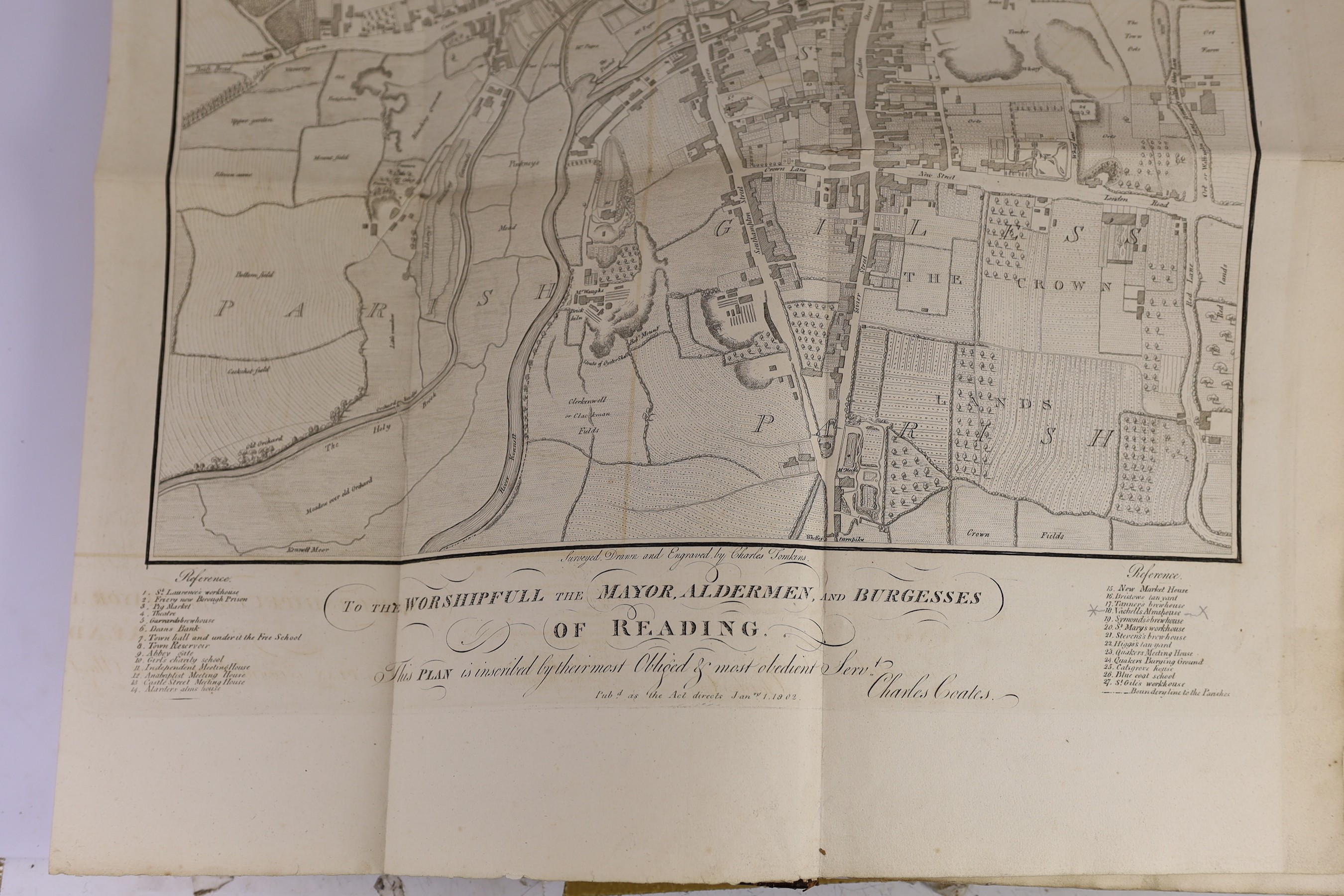 READING - Coates, Charles, Rev. - The History and Antiquities of Reading, 4to, half calf, with folding frontis map and 7 plates (1 of them folding), London, 1802